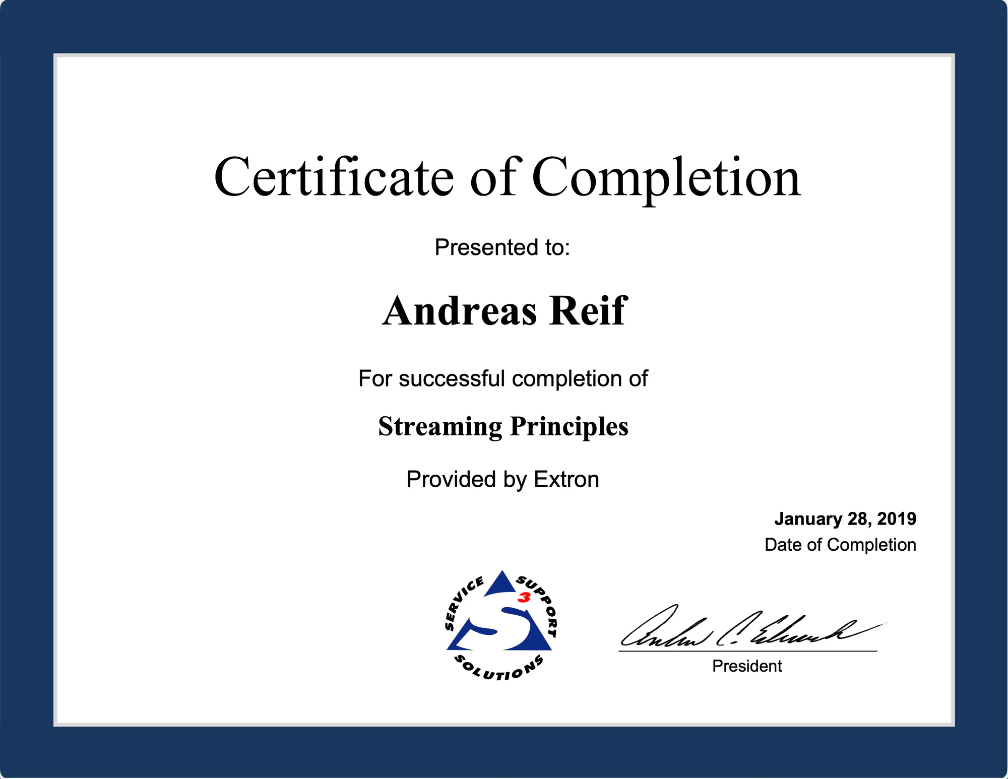 Certificate for Streaming Principles