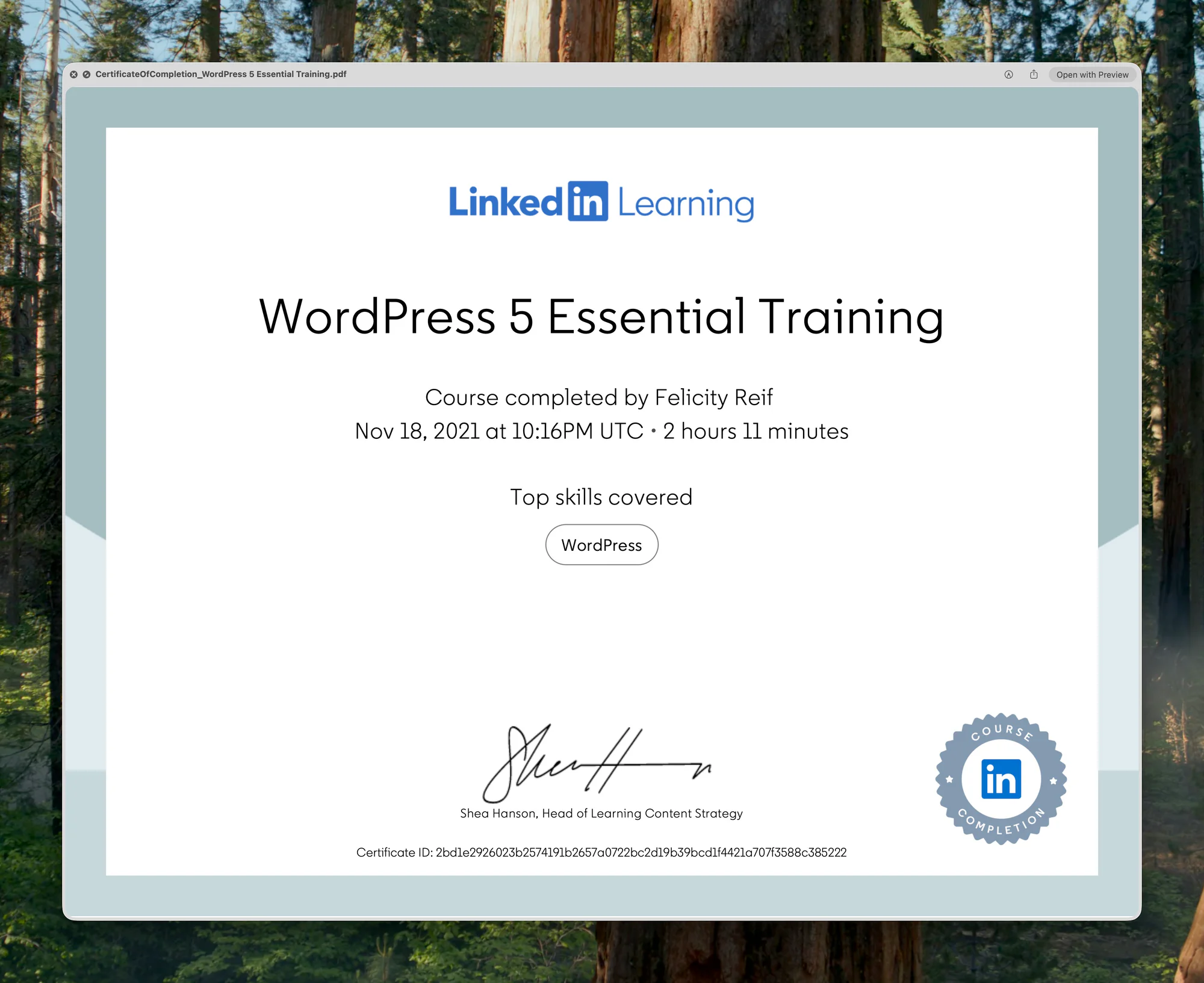 Certificate for WordPress 5 Essential Training