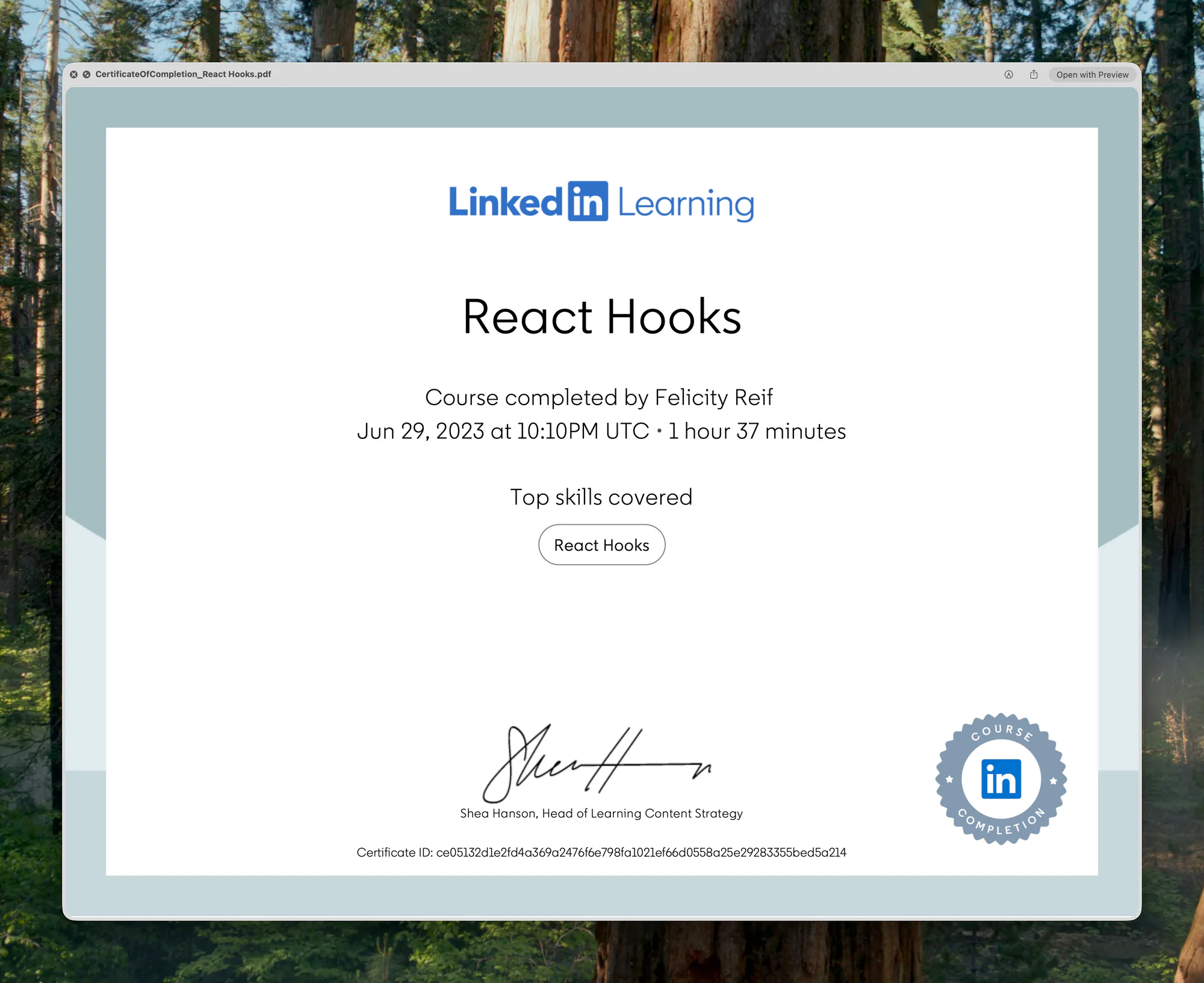 Certificate for React Hooks