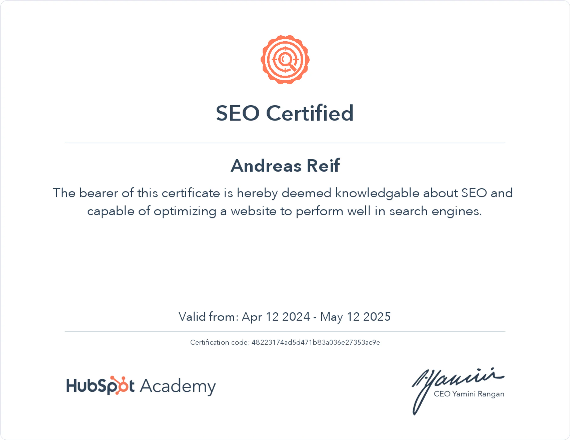 Certificate for SEO Certified