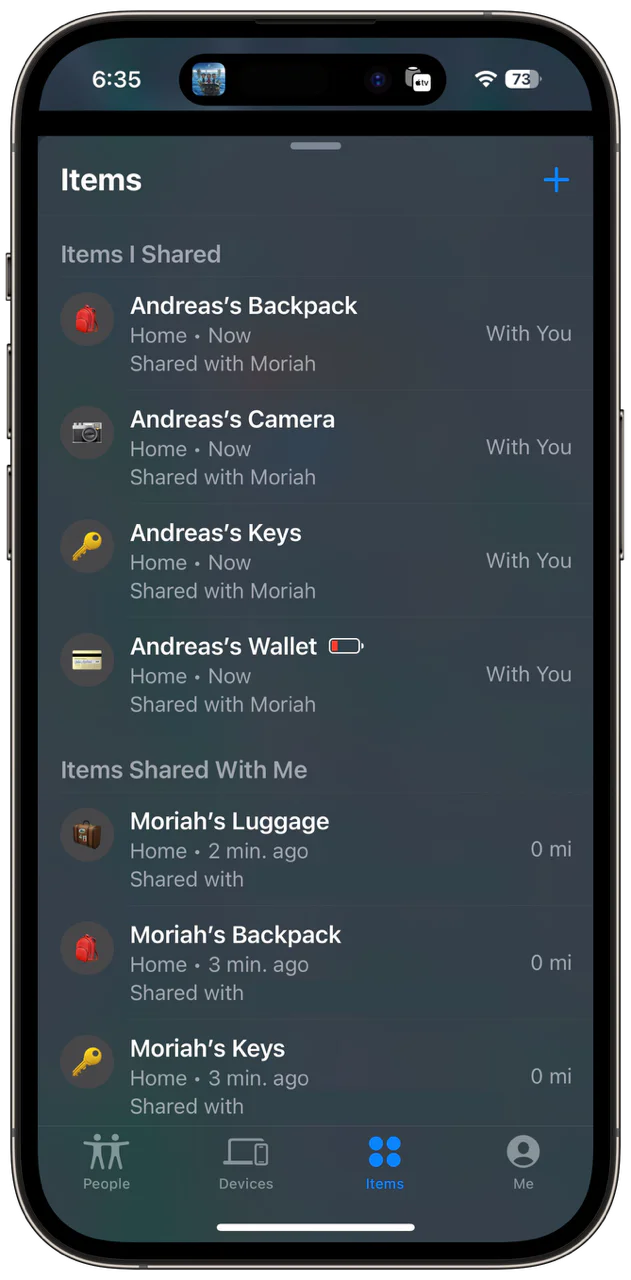 FindMy items that have been shared and are shared with me.