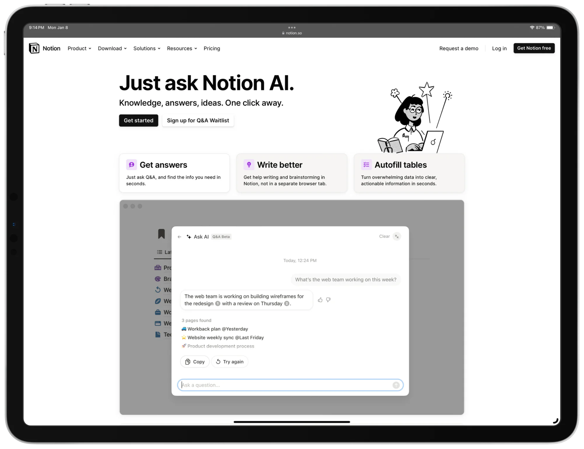 Notion’s Q&A demo showing the ability to “ask” your workspace questions.