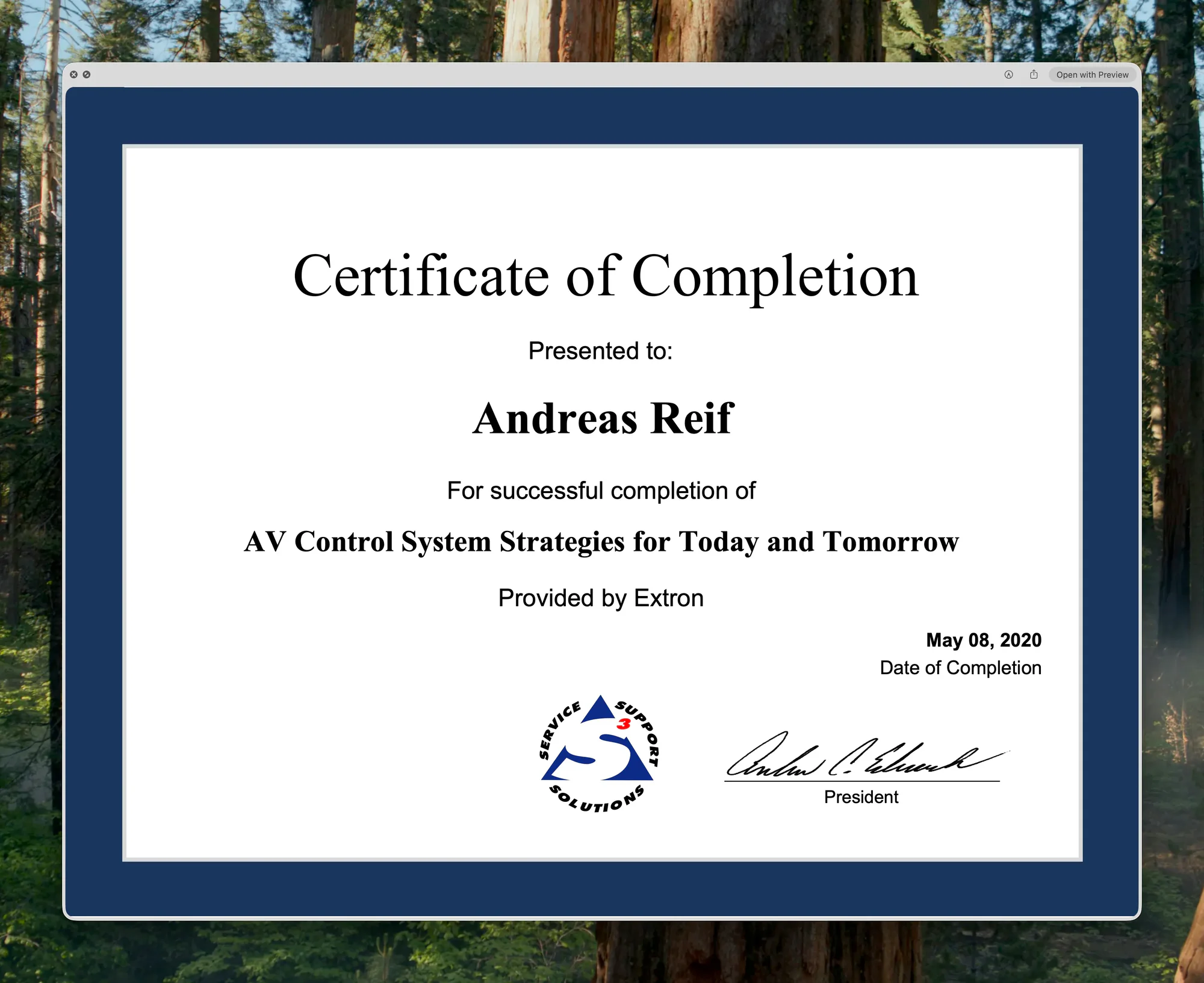 Certificate for AV Control System Strategies for Today and Tomorrow