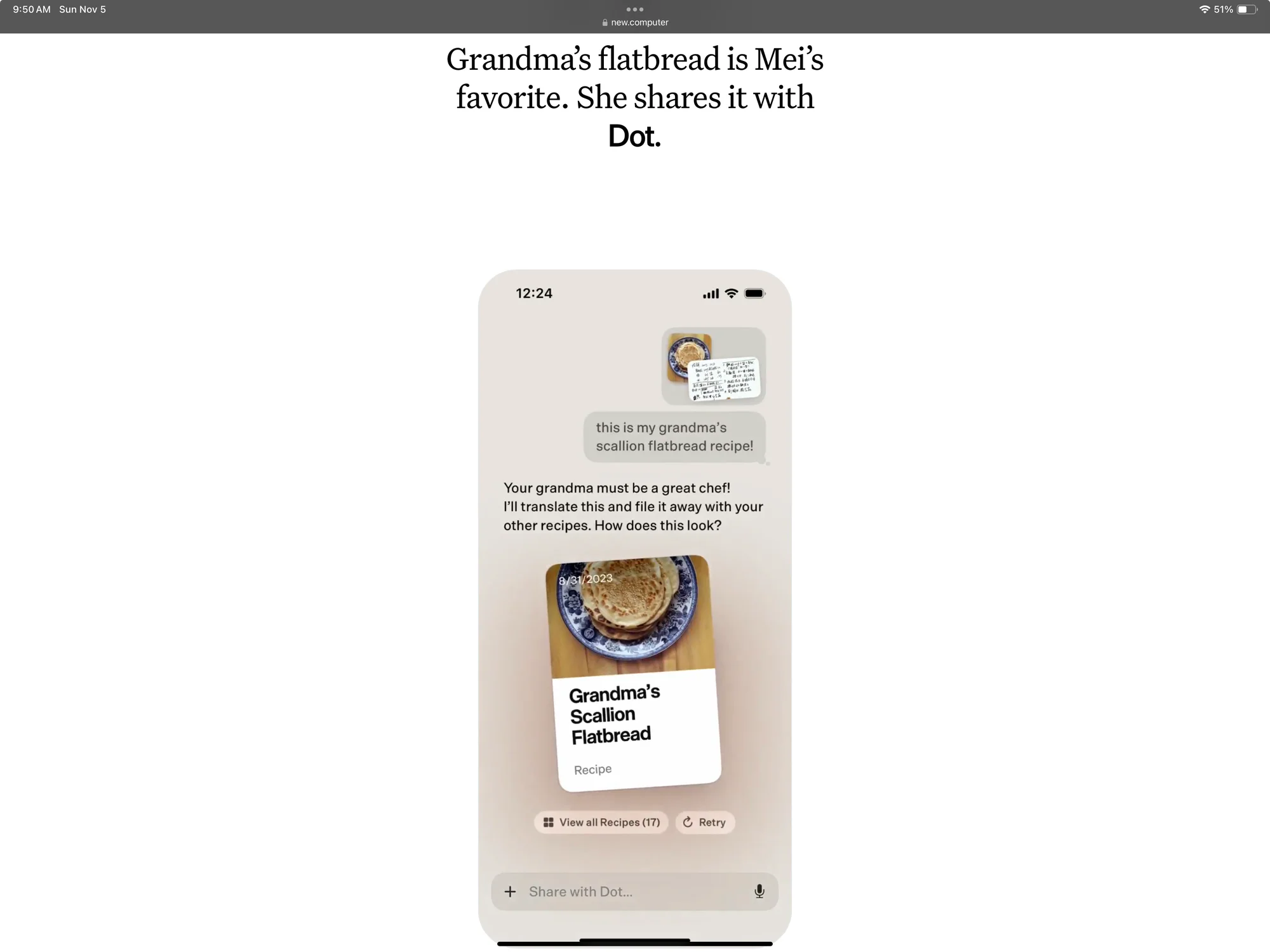 I mean, look at that example above. The user shares an image of a recipe, in another language, and Dot converts the recipe into a well formatted note, translates it, categorizes it, and summarizes it. I could cry.