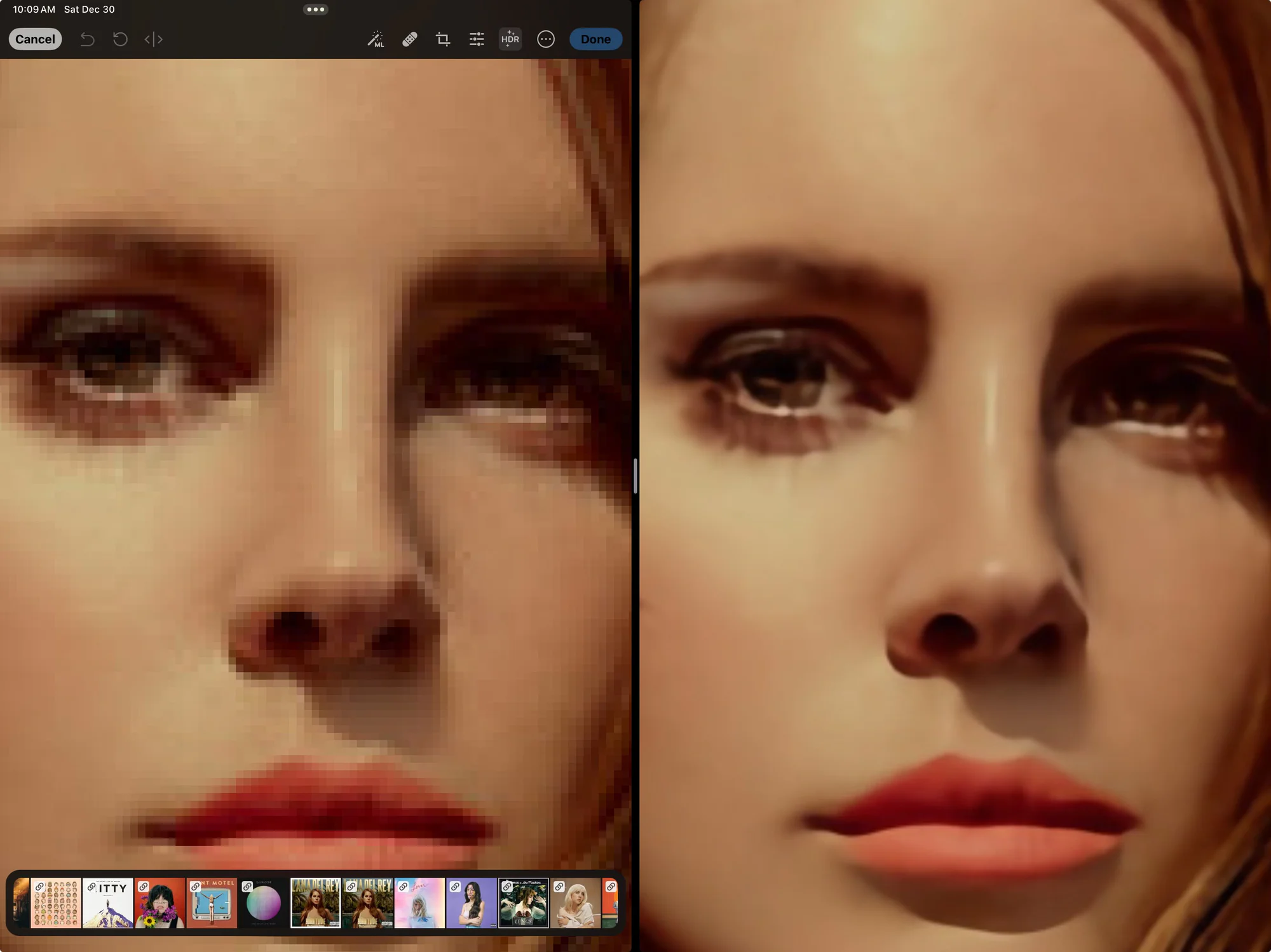 Lana Del Ray’s Born to Die album was especially small at 640×640 (left). But upscaled to 1920×1920 (right), it looks much better! On paper you wouldn’t notice how smooth everything is.