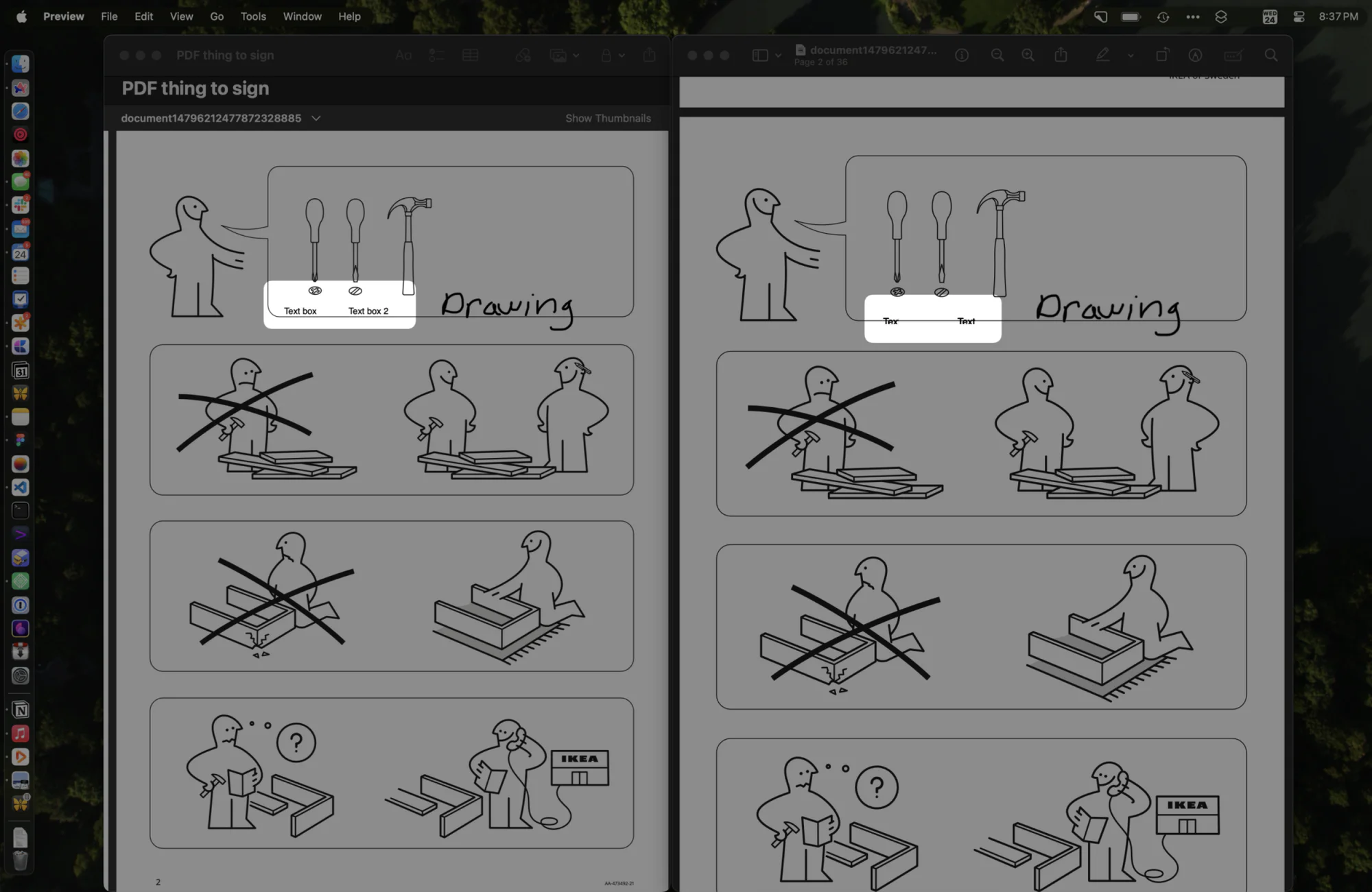 When adding text to a PDF in Notes on Mac (left), opening the attachment elsewhere (or even using the markup function in Notes) causes text to shift (right). Editing it on an iPad seems to fix it, though?
