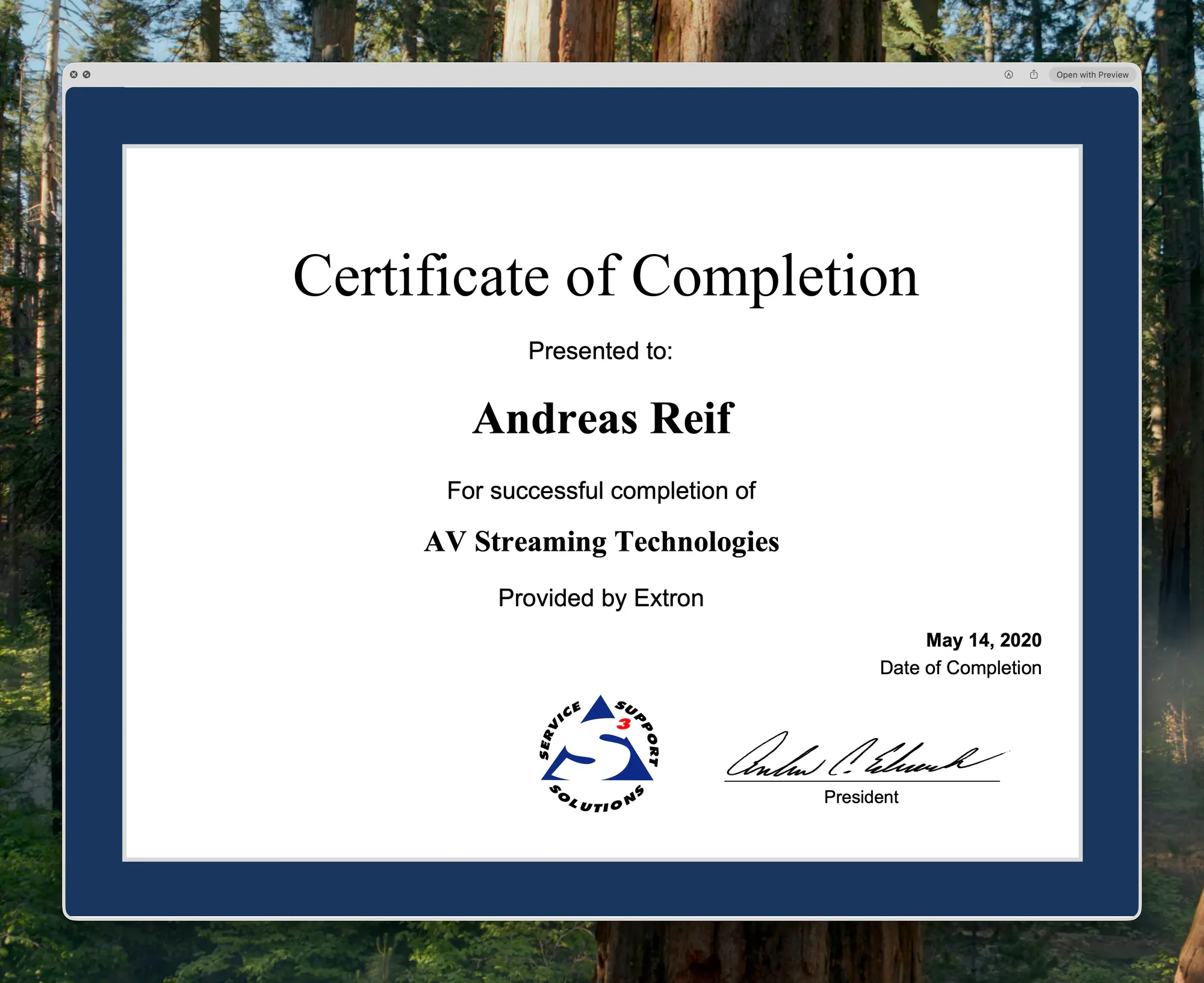 Certificate for AV Streaming Technologies