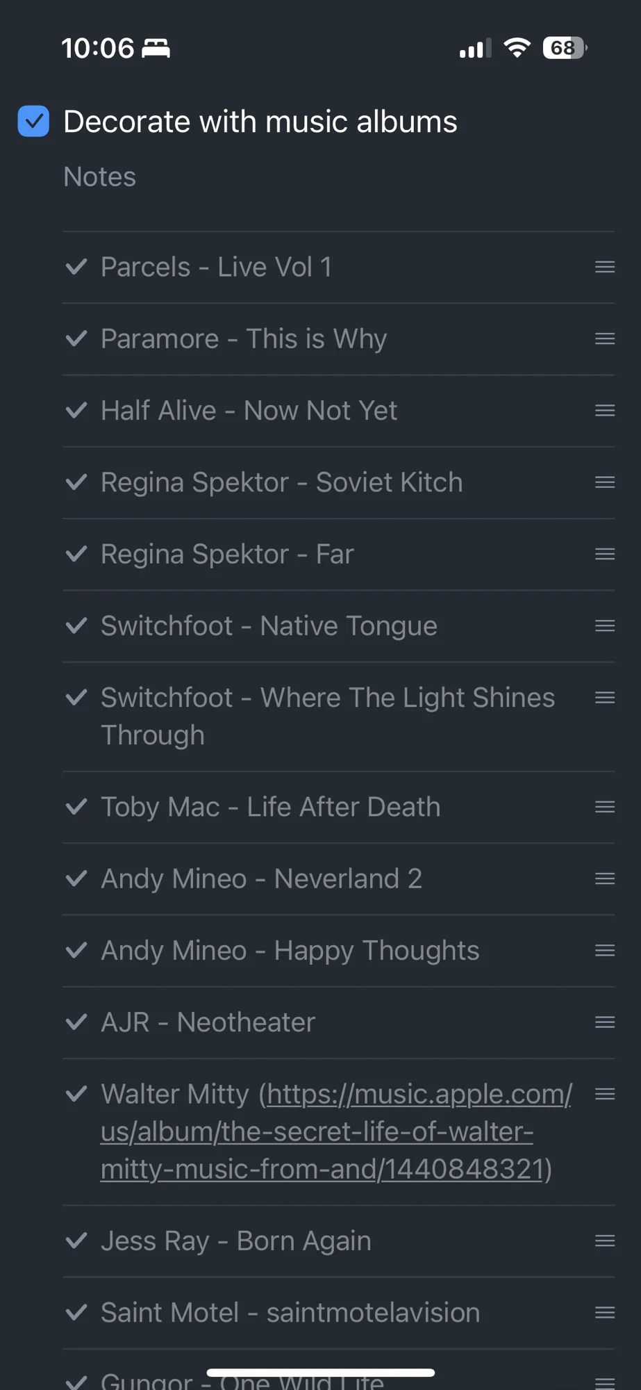 A very long list of albums we both really enjoy.