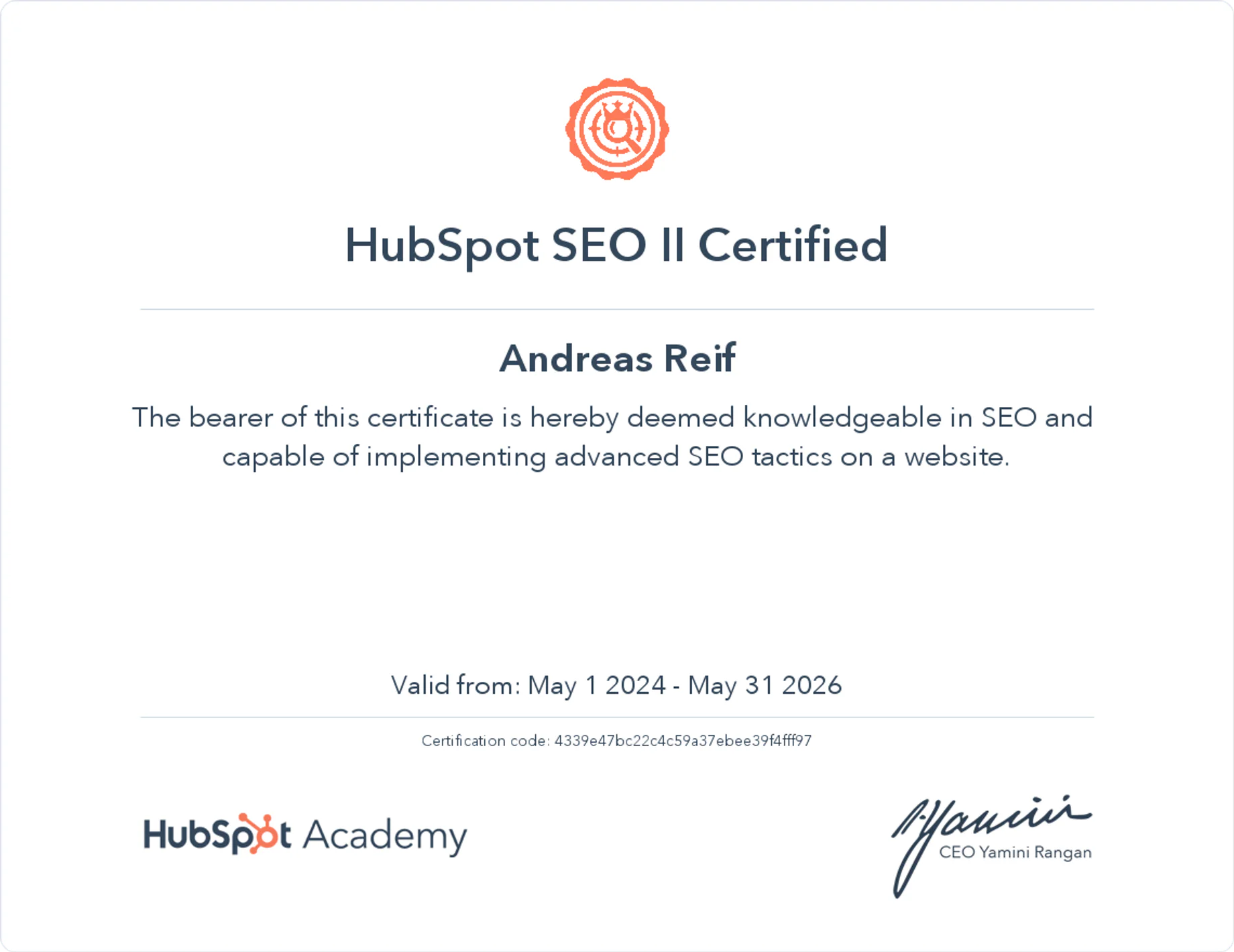 Certificate for SEO II Certified
